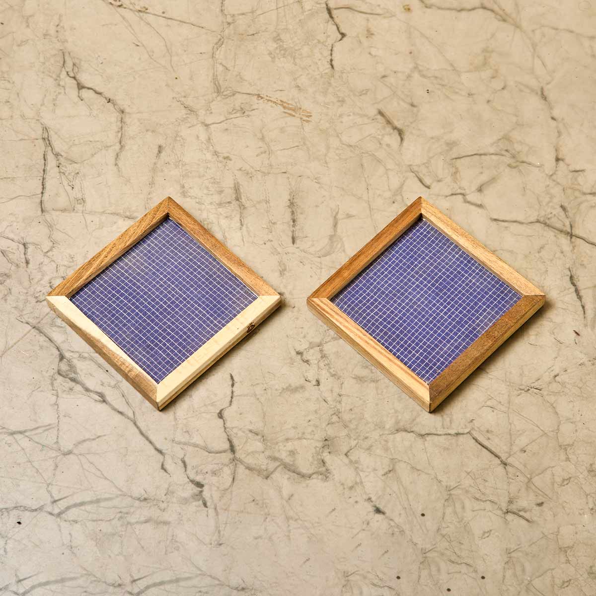 Wooden Framed Art Coaster and Tray Set- (Blue Jamdani)