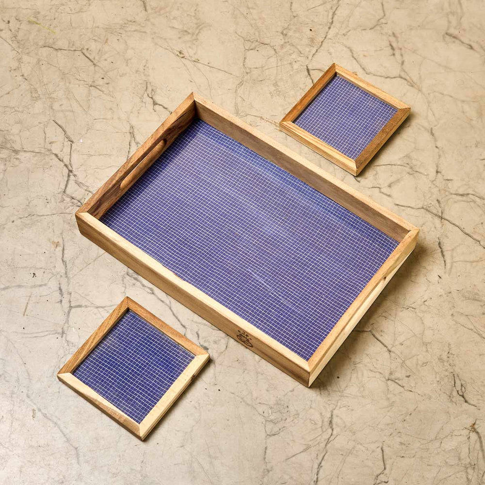Wooden Framed Art Coaster and Tray Set- (Blue Jamdani)