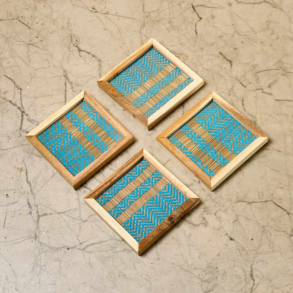 Wooden Framed Blue Madur Coaster (Set of 4)