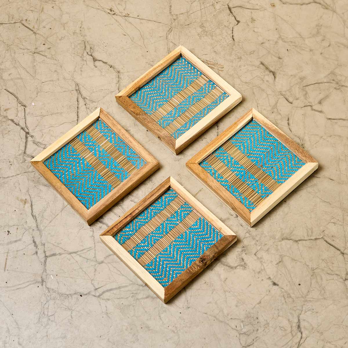 Wooden Framed Blue Madur Coaster (Set of 4)