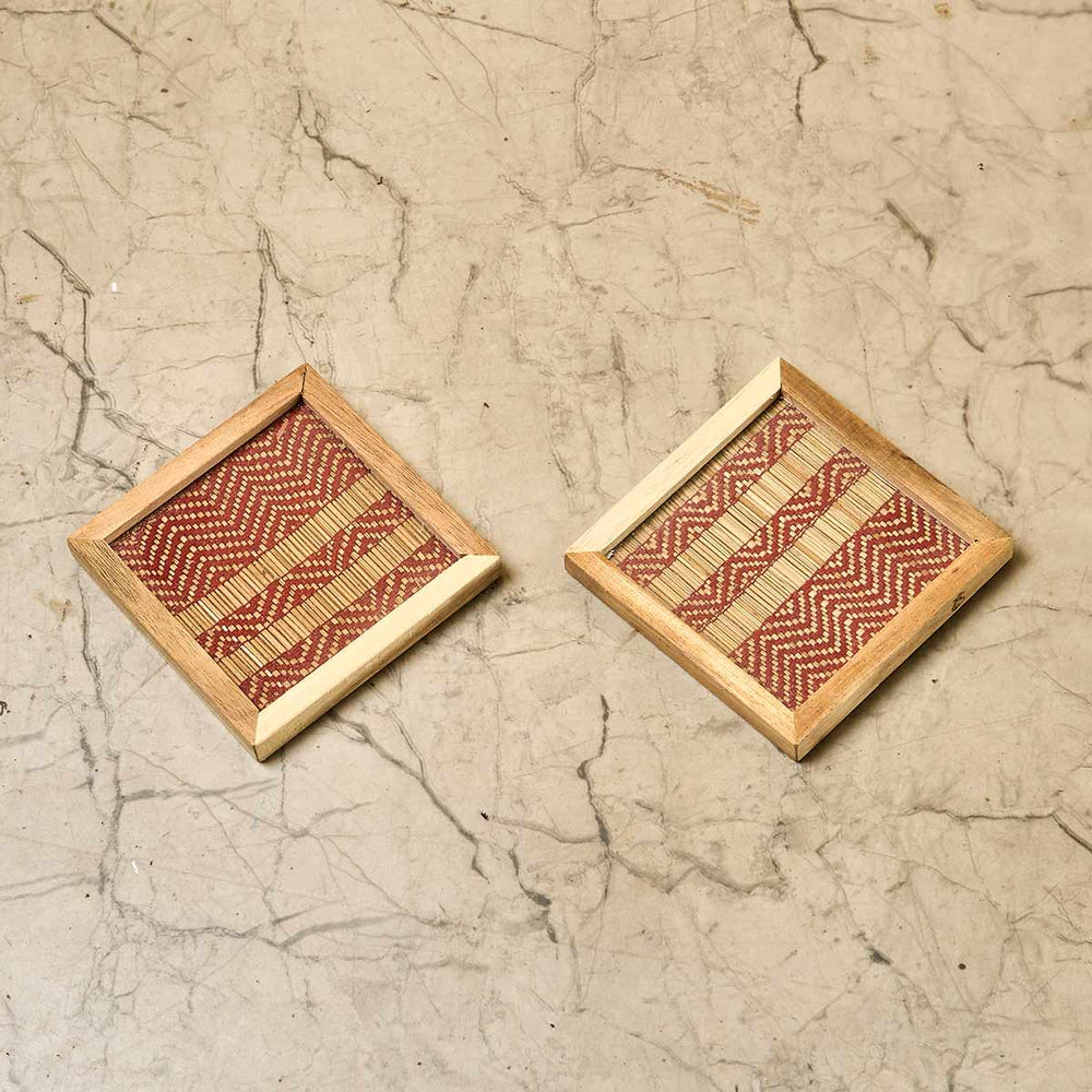 Wooden Framed Red Madur Coaster (Set of 2)