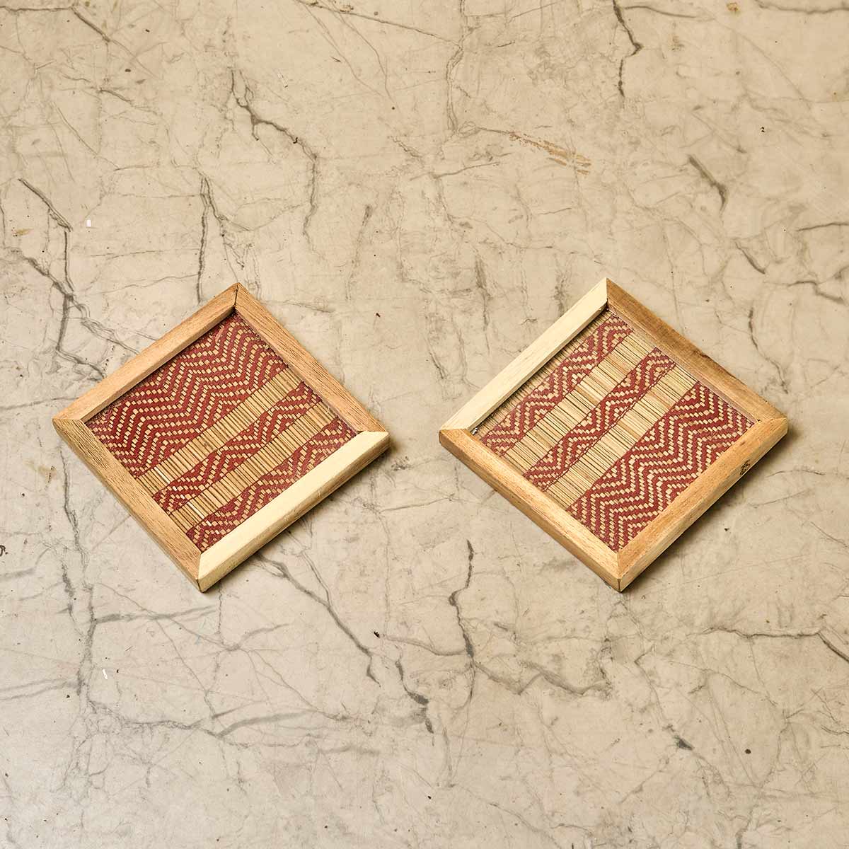 Wooden Framed Red Madur Coaster (Set of 2)