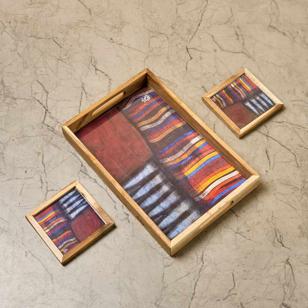 Wooden Framed Art Coaster and Tray Set- (Multi-colour)