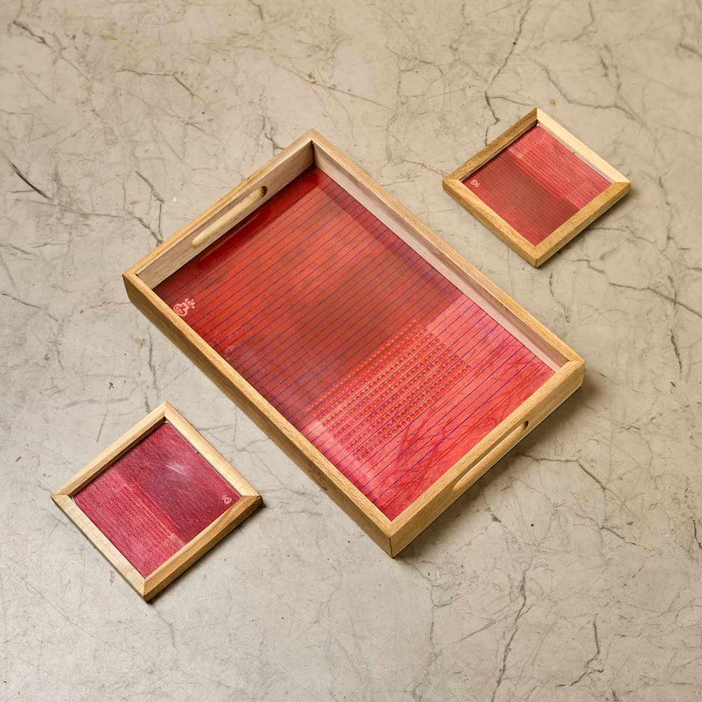 Wooden Framed Art Coaster and Tray Set- Red