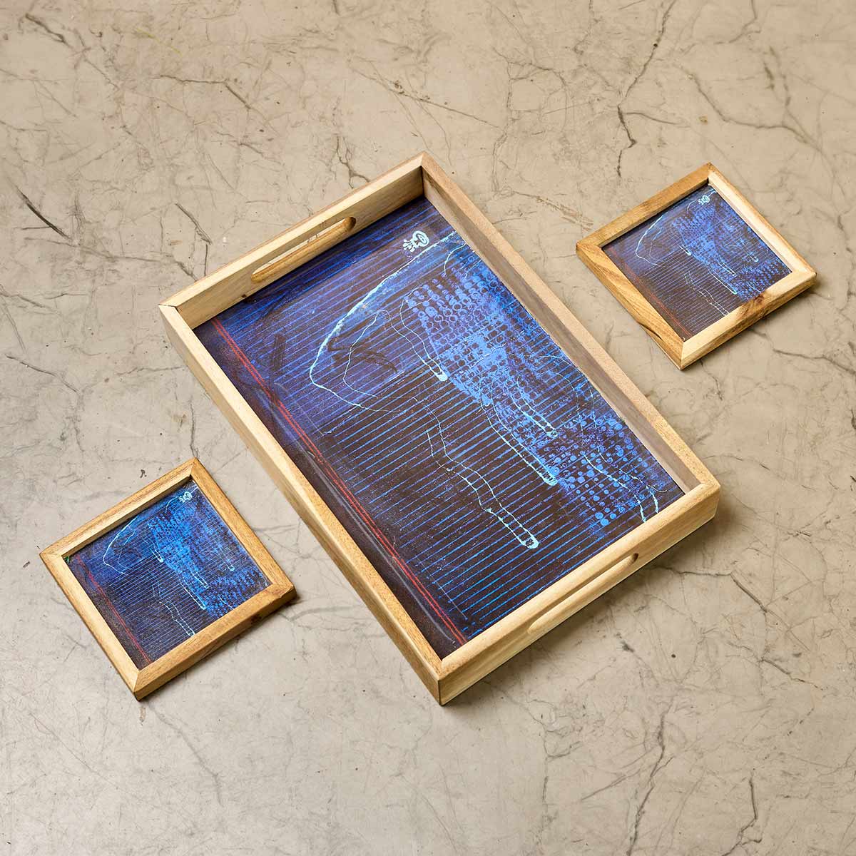 Wooden Framed Art Coaster and Tray Set- Blue