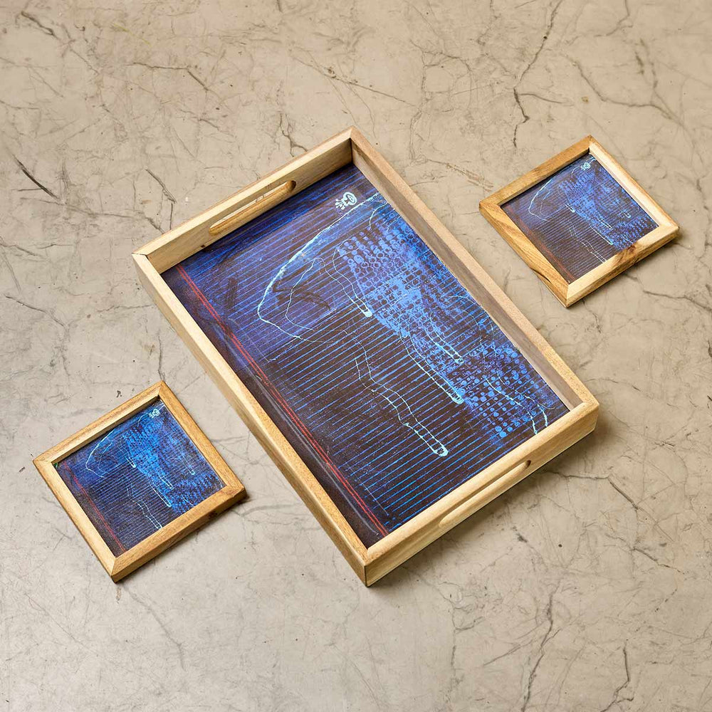 Wooden Framed Art Coaster and Tray Set- Blue