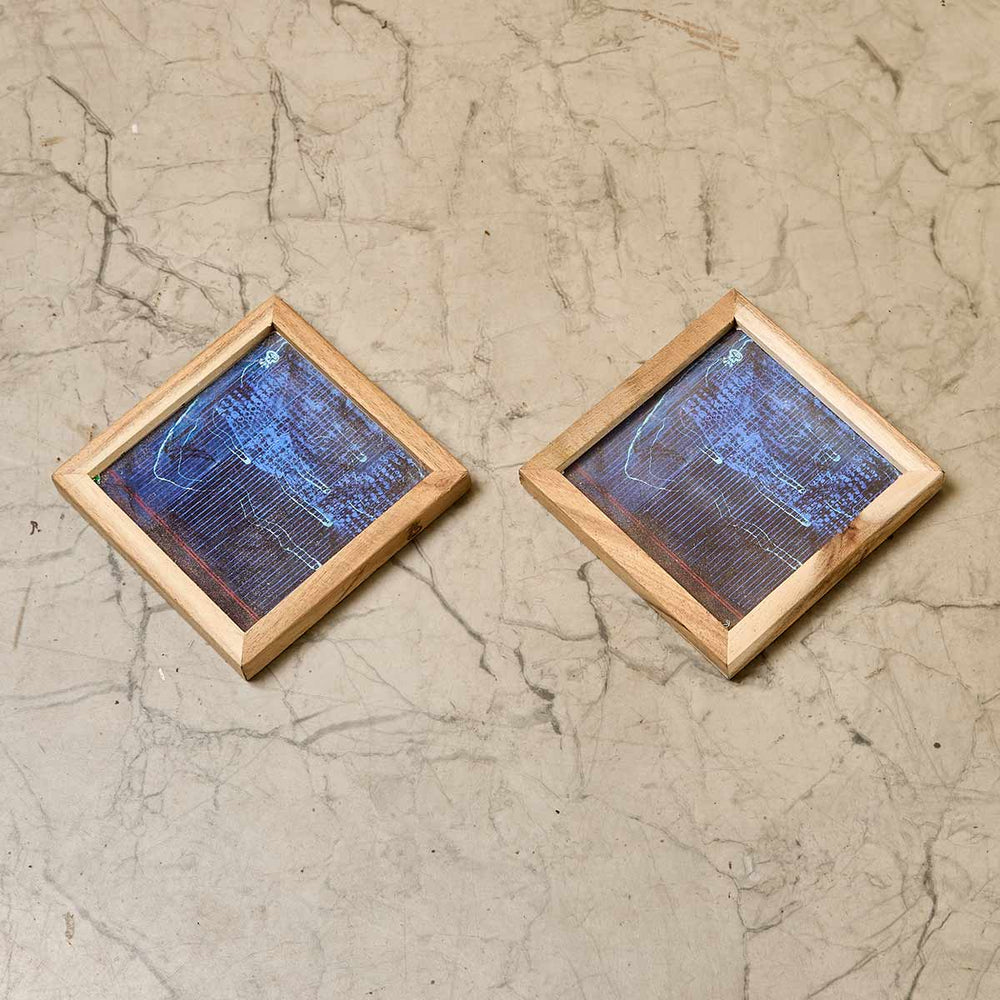 Wooden Framed Blue Artwork Coaster (Set of 2)