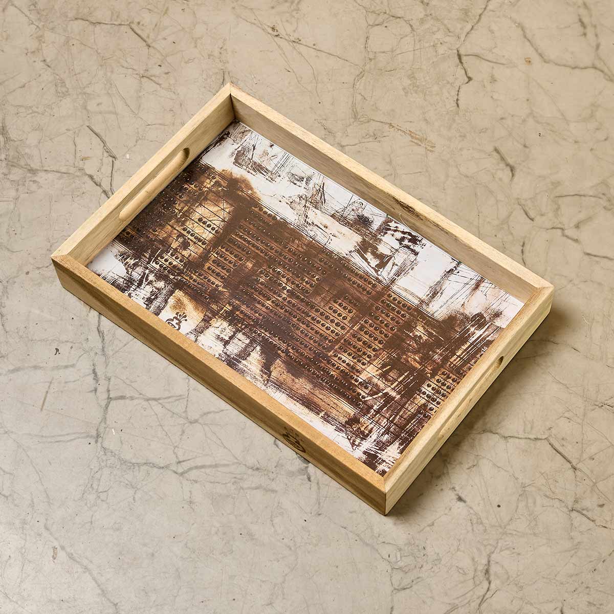 Wooden Framed Art Coaster and Tray Set- Brown