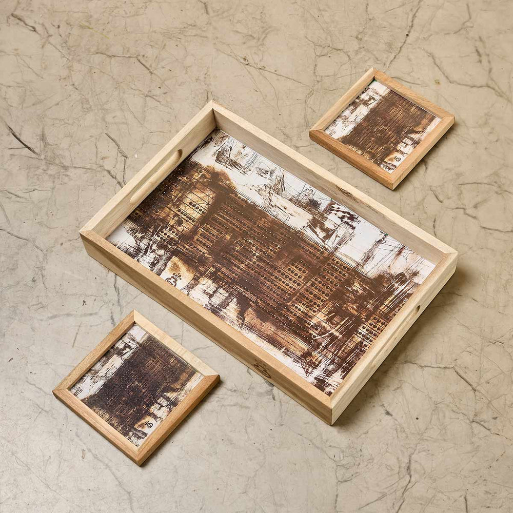 Wooden Framed Art Coaster and Tray Set- Brown