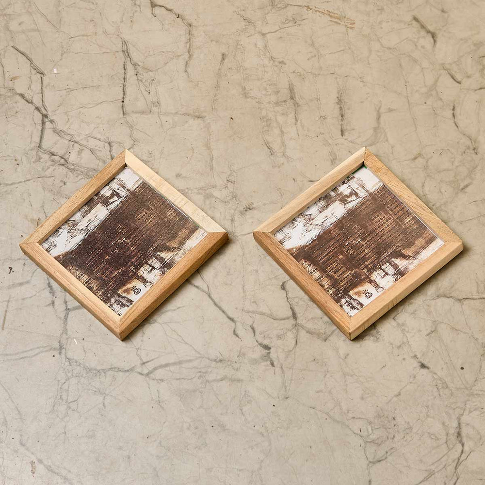 Wooden Framed Brown Artwork Coaster (Set of 2)