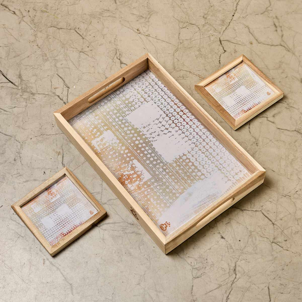 Wooden Framed Art Coaster and Tray Set-White