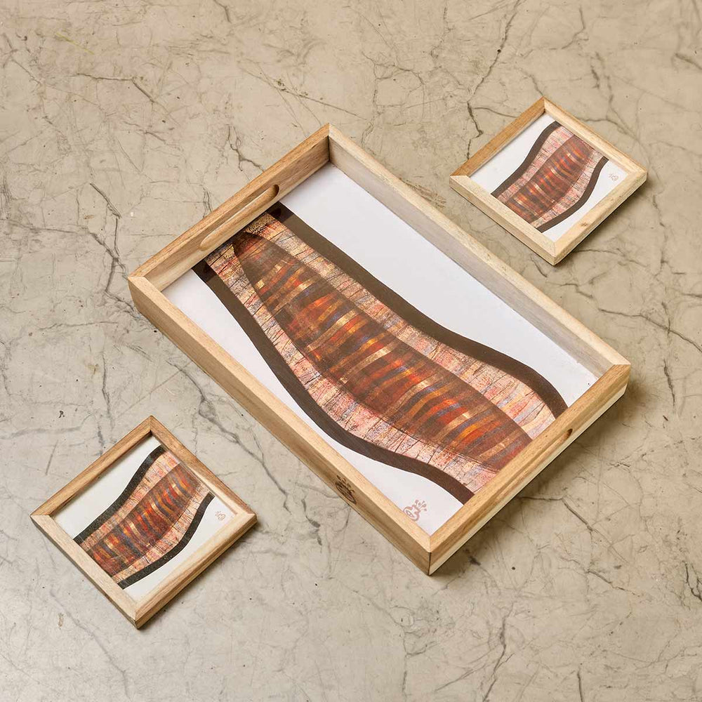 Wooden Framed Art Coaster and Tray Set