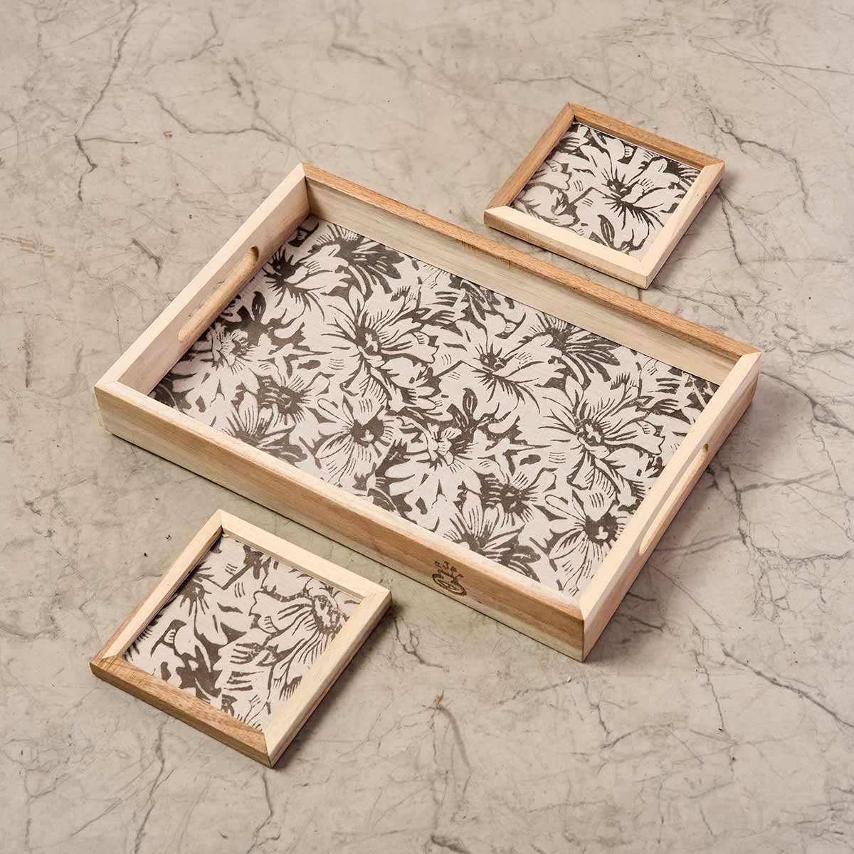 Wooden Framed B & W Fabric Coaster and Tray Set
