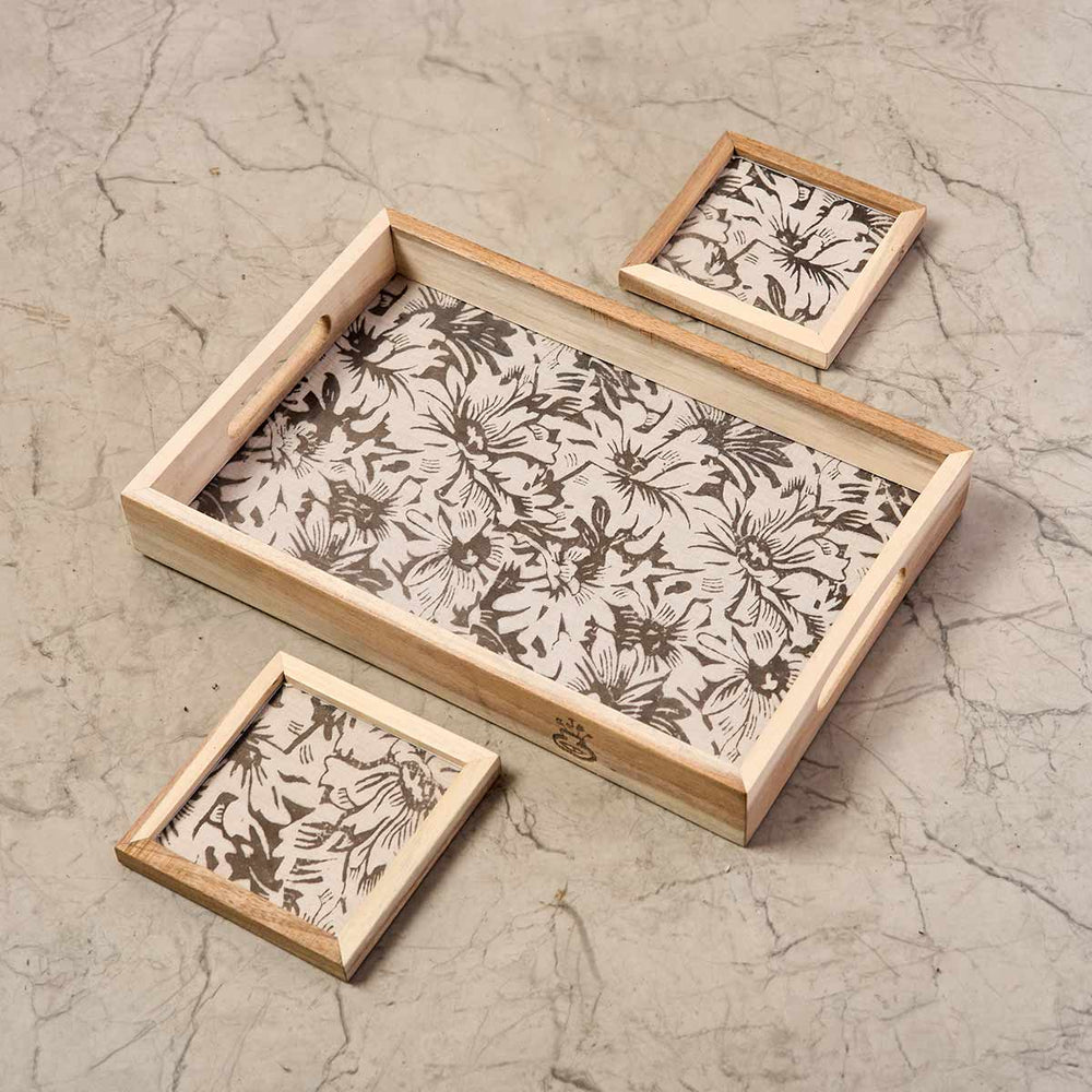 Wooden Framed B & W Fabric Coaster and Tray Set
