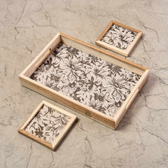 Wooden Framed B & W Fabric Coaster and Tray Set