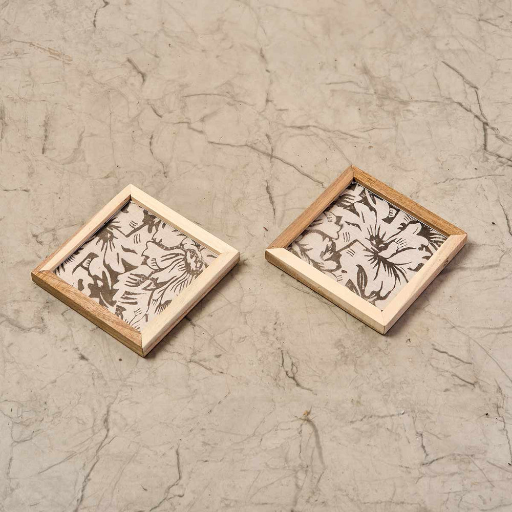 Wooden Framed B & W Fabric Coaster (Set of 2)