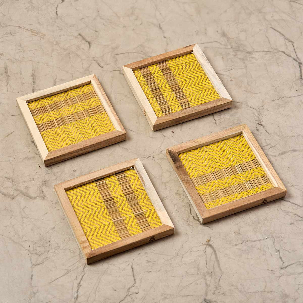 Wooden Framed Yellow Madur Coaster (Set of 4)