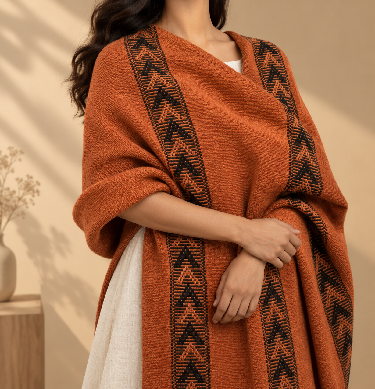 Pure Wool Handwoven Black and Orange Shawl