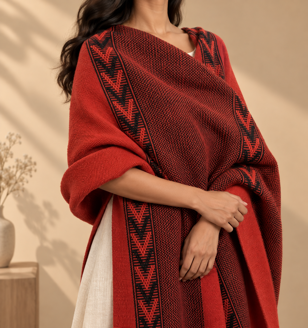 Pure Wool Handwoven Black and Red Shawl