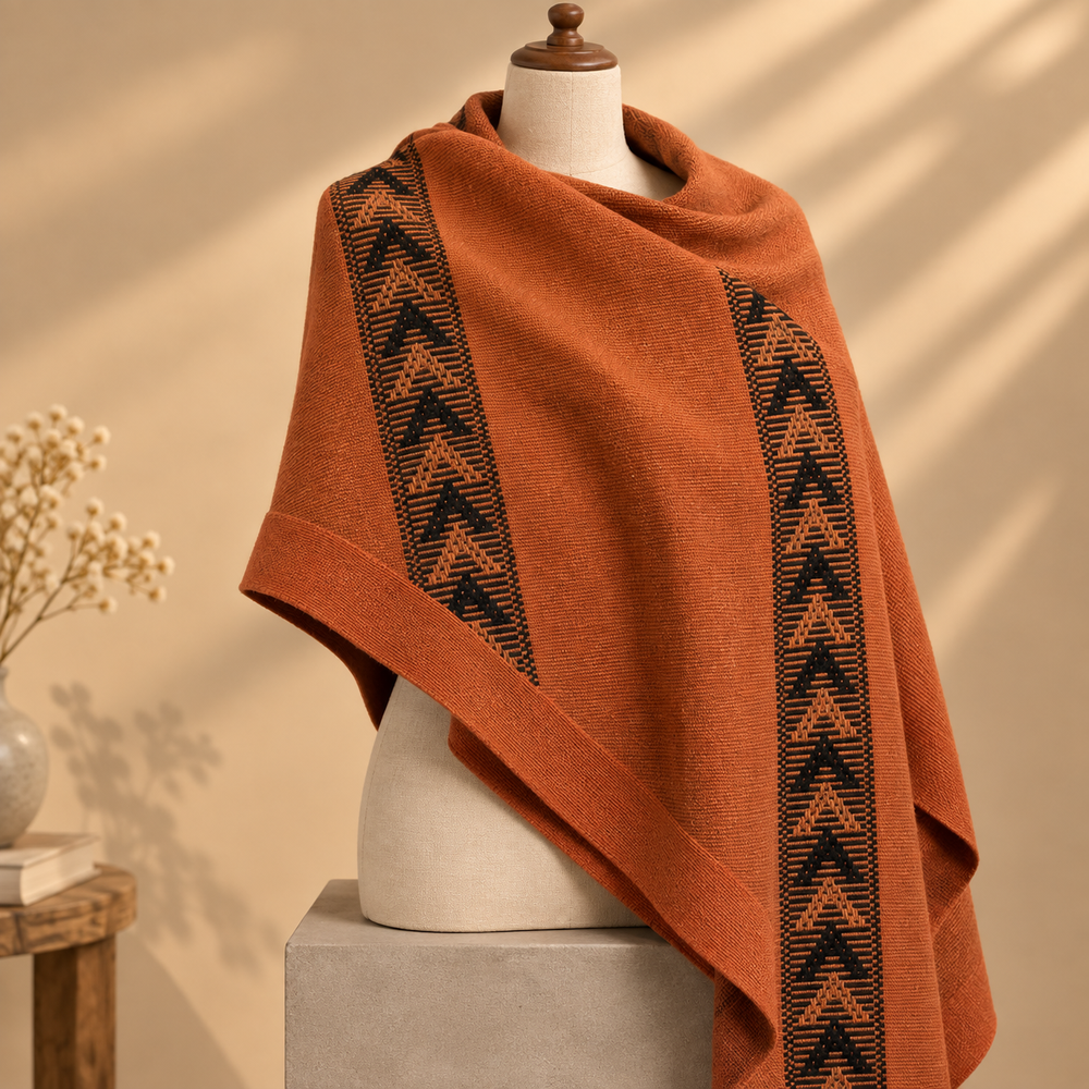 Pure Wool Handwoven Black and Orange Shawl