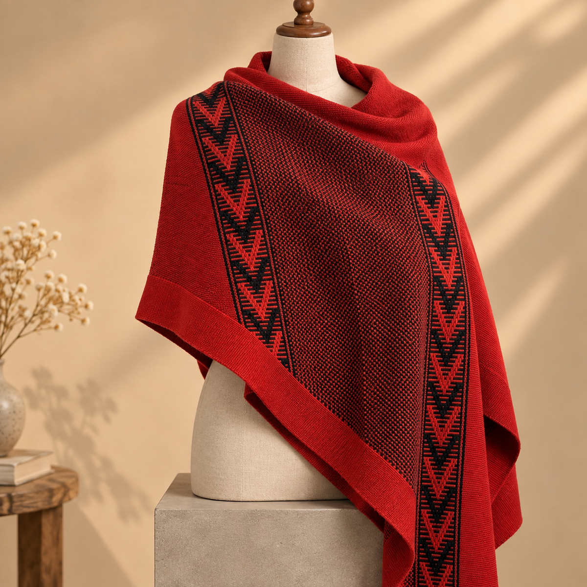 Pure Wool Handwoven Black and Red Shawl