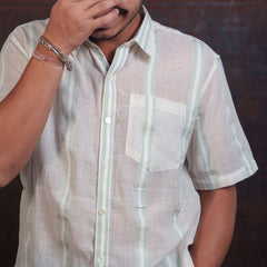 Green Striped Cotton Half Sleeve Shirt