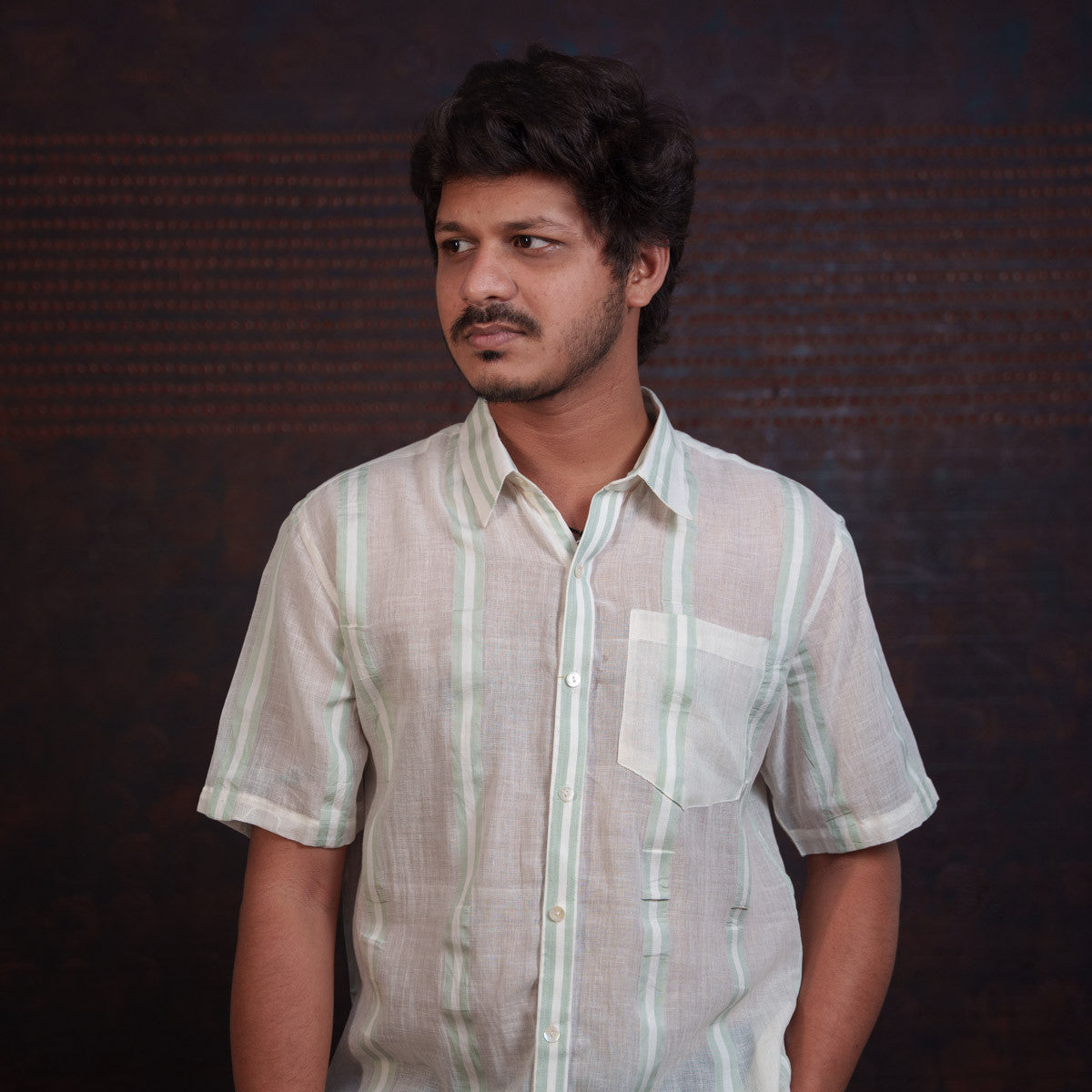 Green Striped Cotton Half Sleeve Shirt