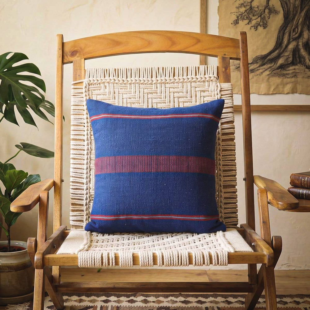 Handwoven Dhokra Cushion Cover (Blue & Red)- 16"