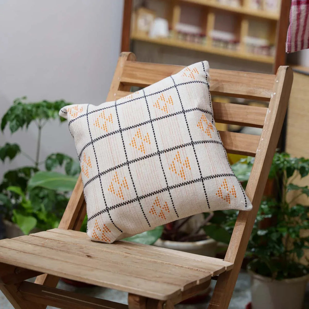 Handwoven Dhokra Cushion Cover (Beige)- 16"