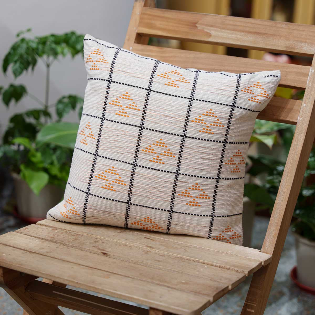 Handwoven Dhokra Cushion Cover (Beige)- 16"