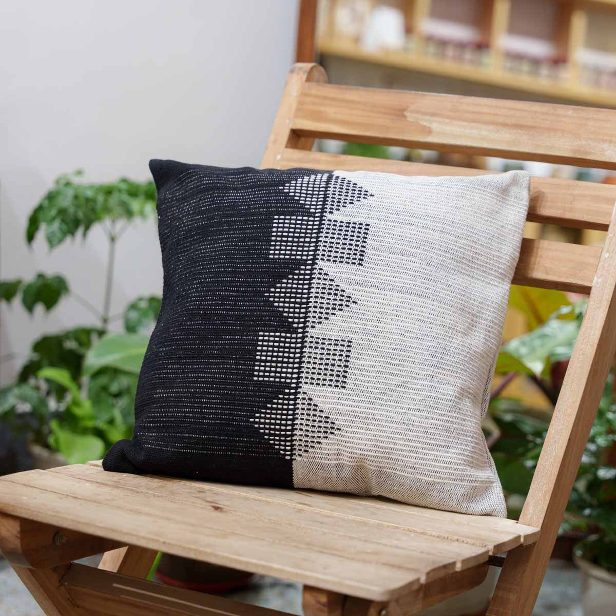 Handwoven Dhokra Cushion Cover (Black)- 16"