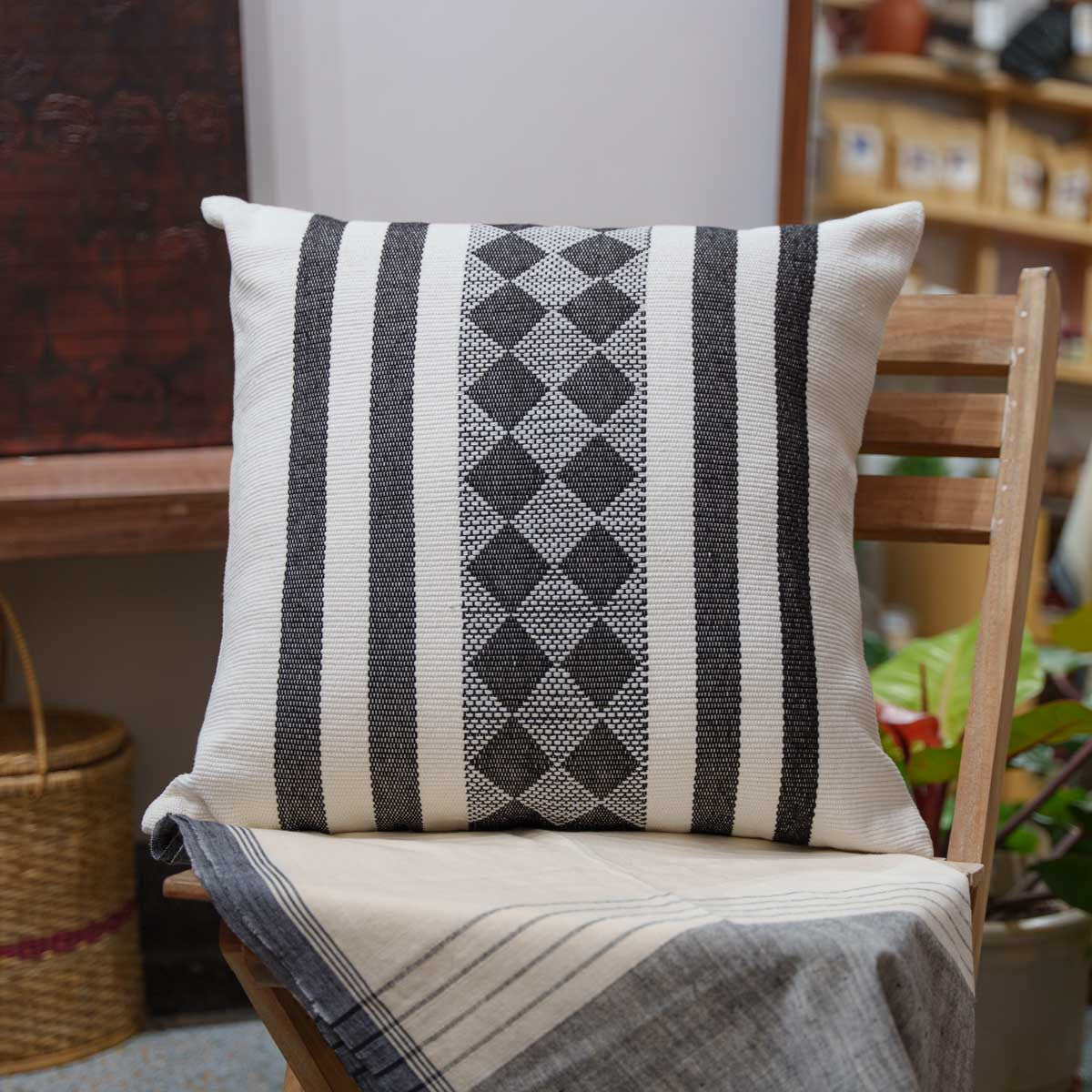 Handwoven Dhokra Cushion Cover (Black)- 22"
