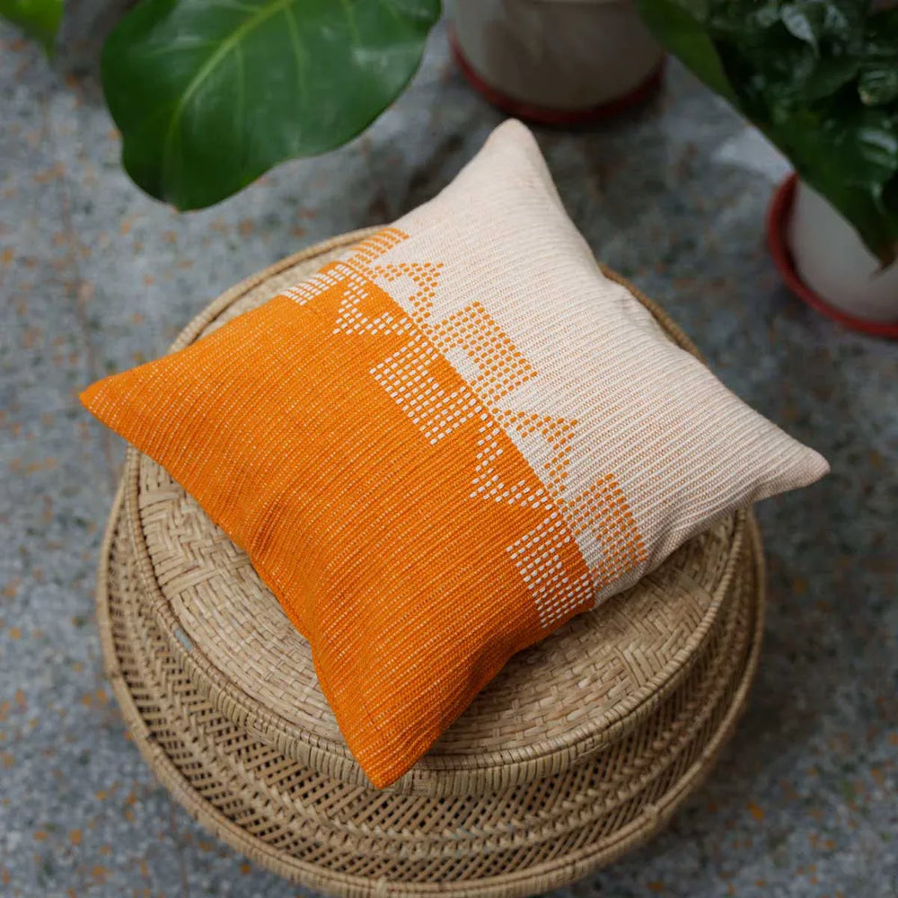 Handwoven Dhokra Cushion Cover (Orange)- 12"