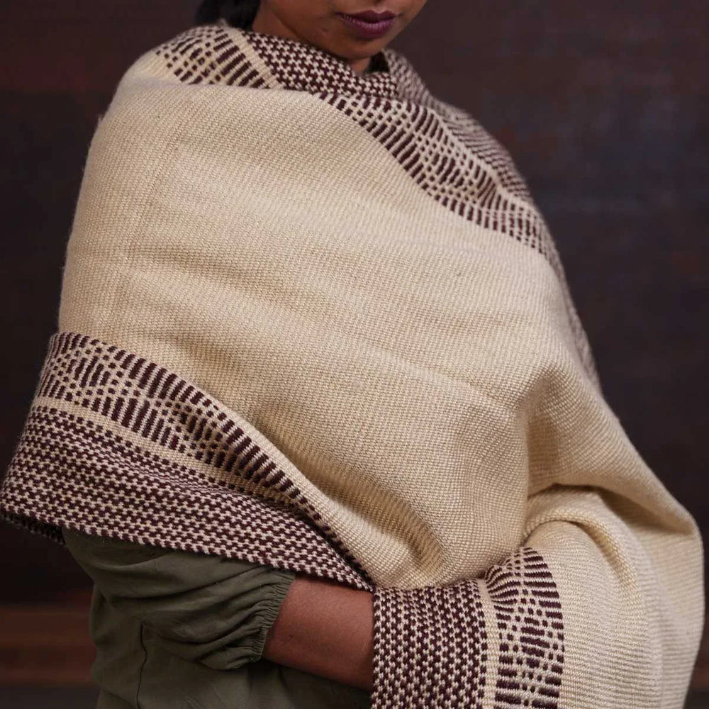 Pure Wool Handwoven White and Ash Shawl
