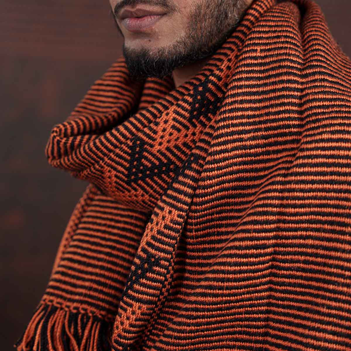 Pure Wool Handwoven Black and Orange Shawl