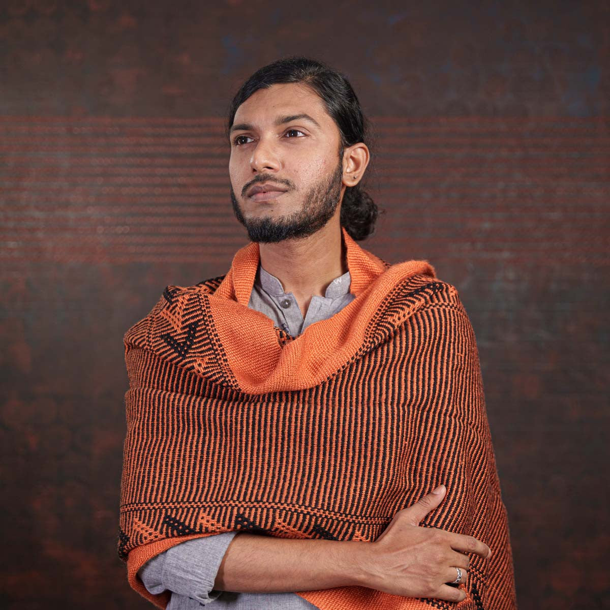 Pure Wool Handwoven Black and Orange Shawl