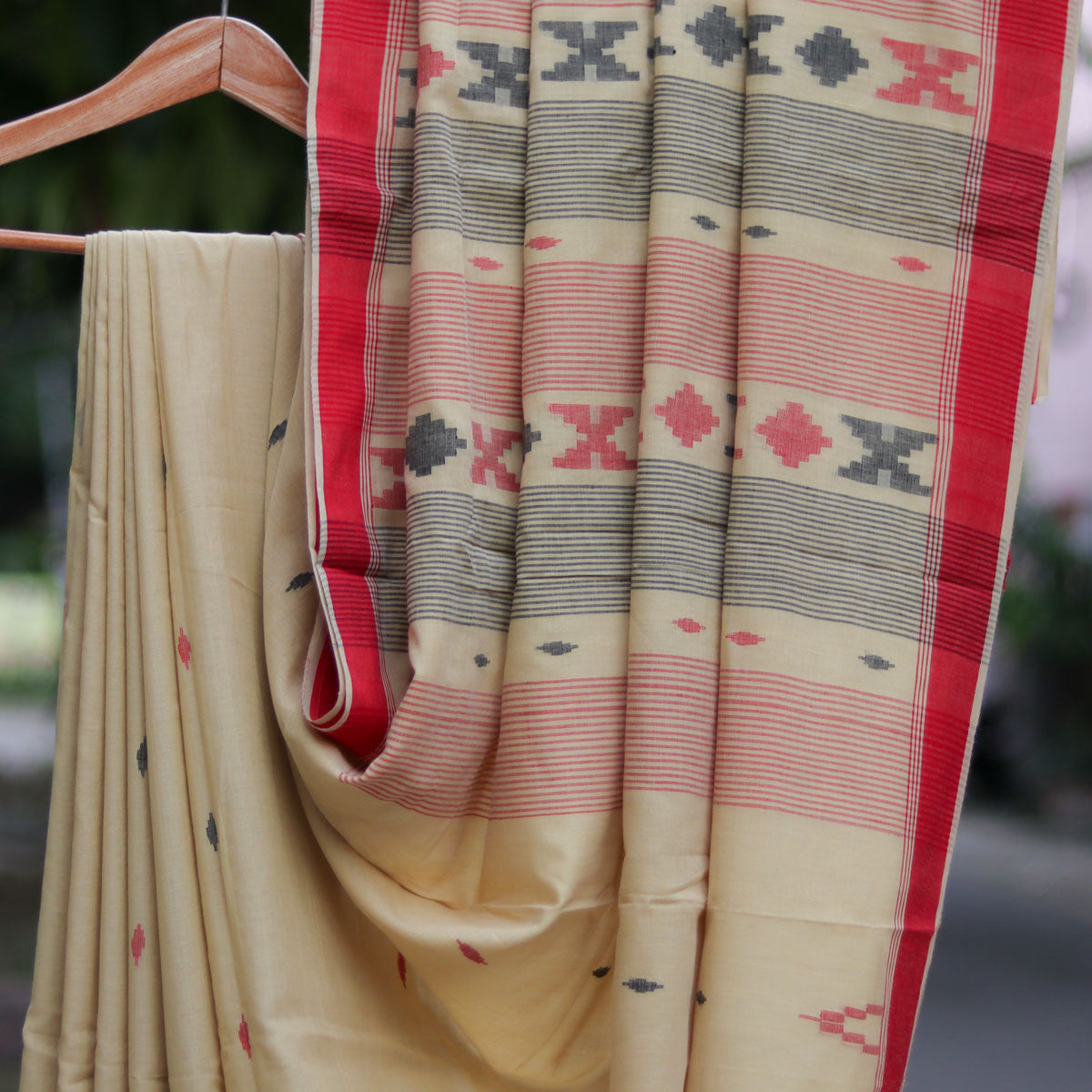 Cotton Jamdani Beige with Red Border
