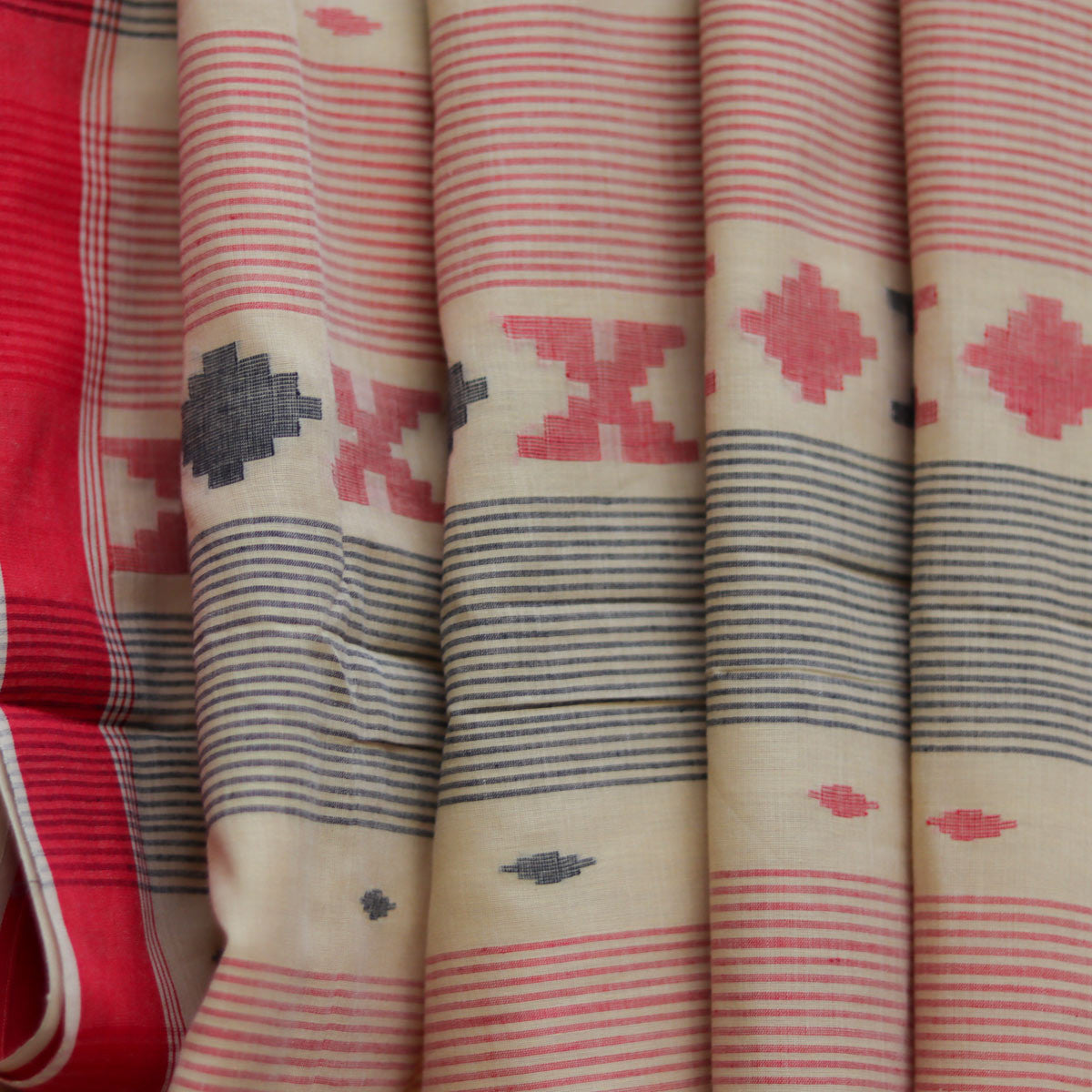 Cotton Jamdani Beige with Red Border