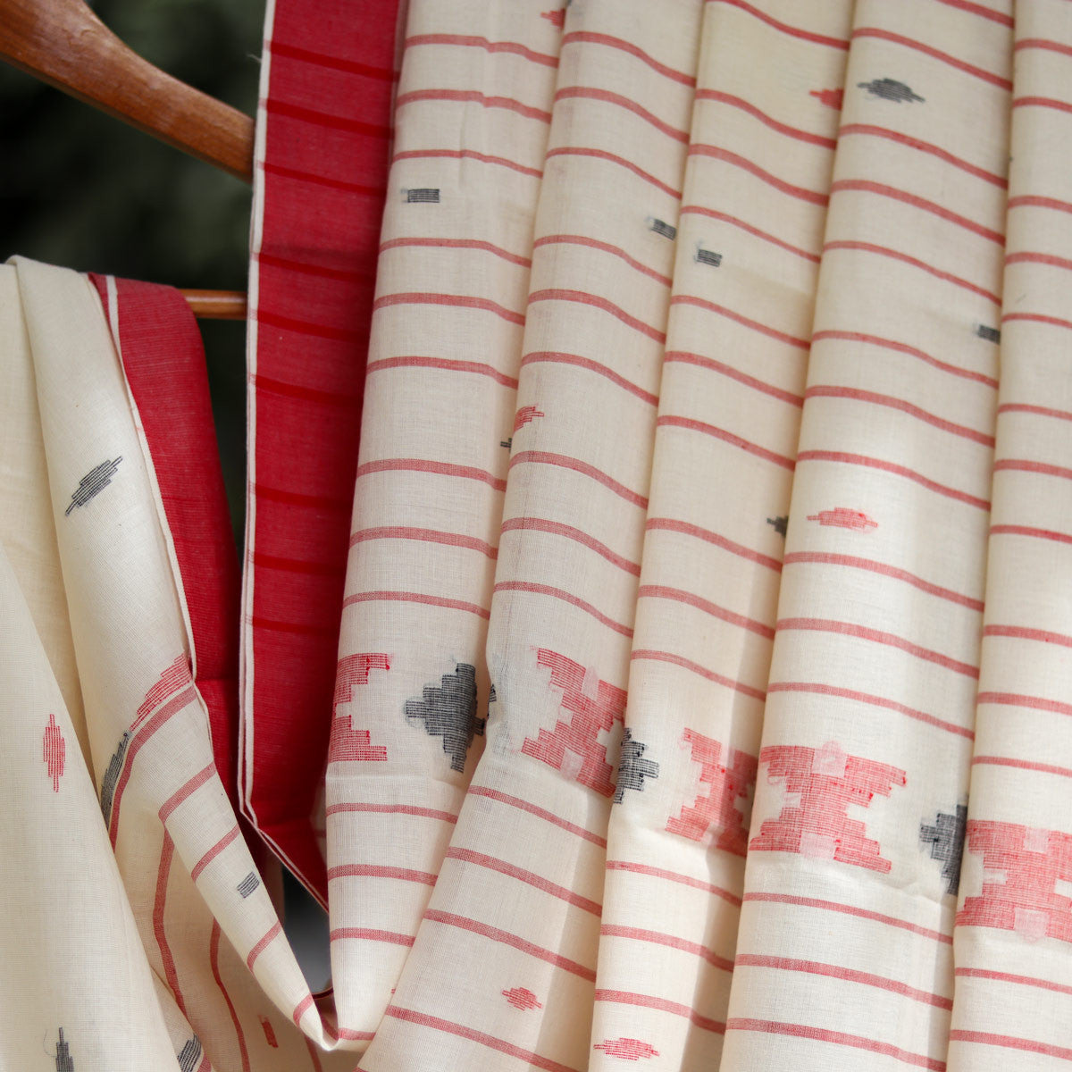 Cotton Jamdani White and Red Pattern