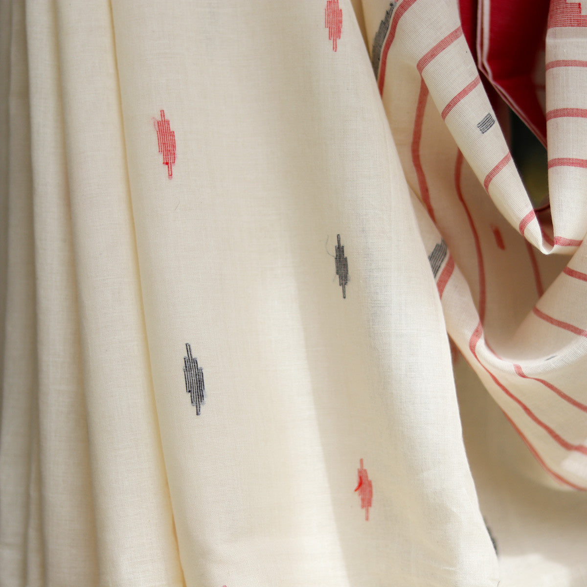 Cotton Jamdani White and Red Pattern