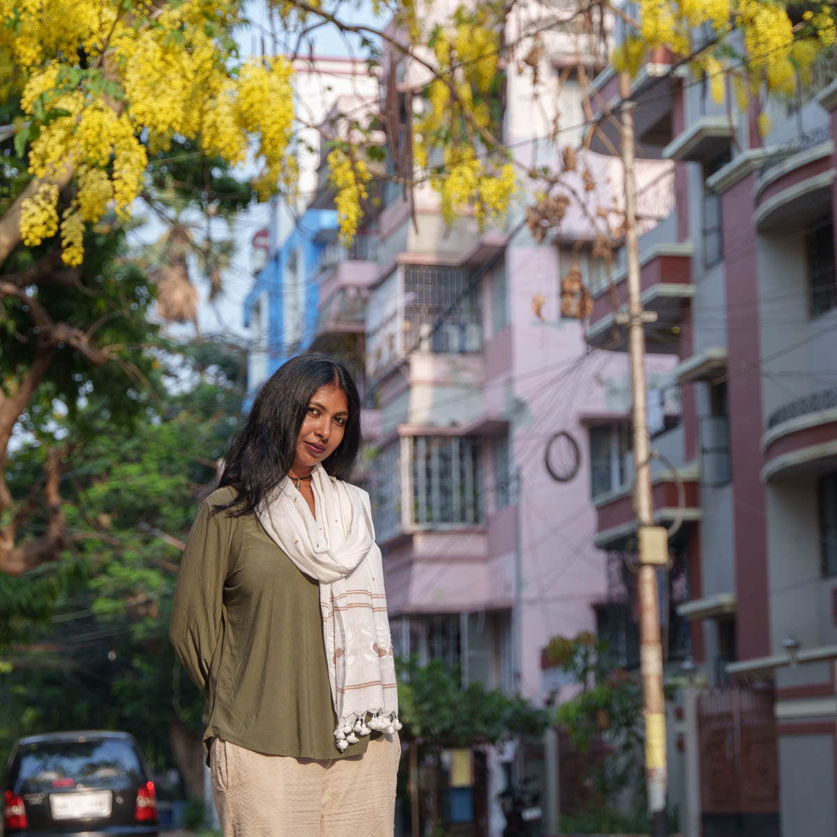 Cotton Jamdani White Stole