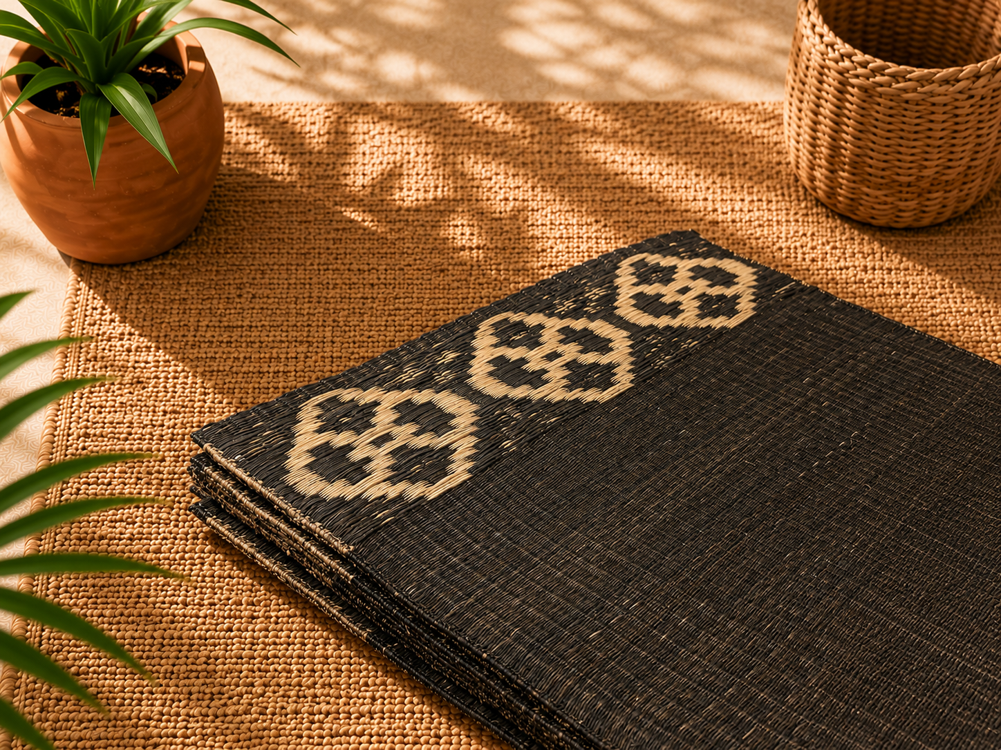 Handwoven Madur Mat Black- (Set of 6)