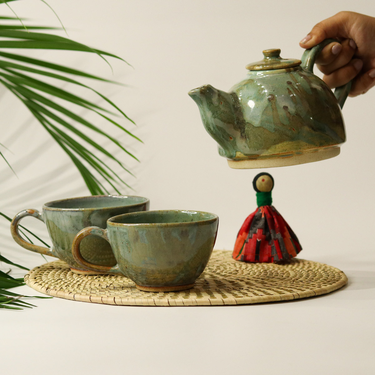 Double Teapot with 2 Cups (Moss Green)