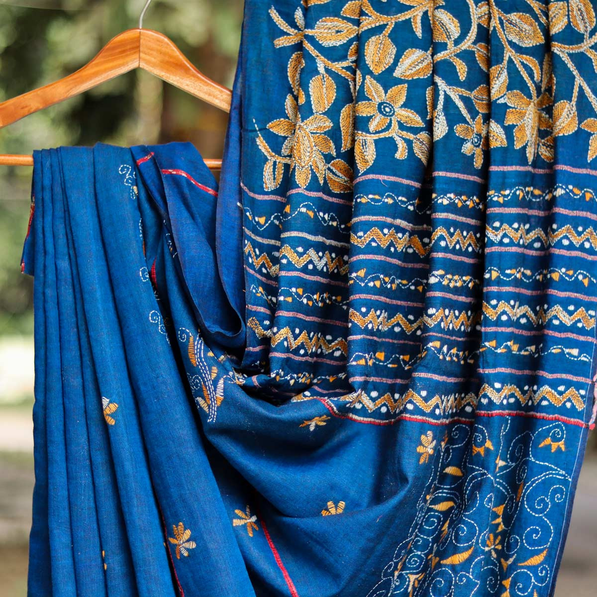 Blue Cotton Kantha Stitch Saree