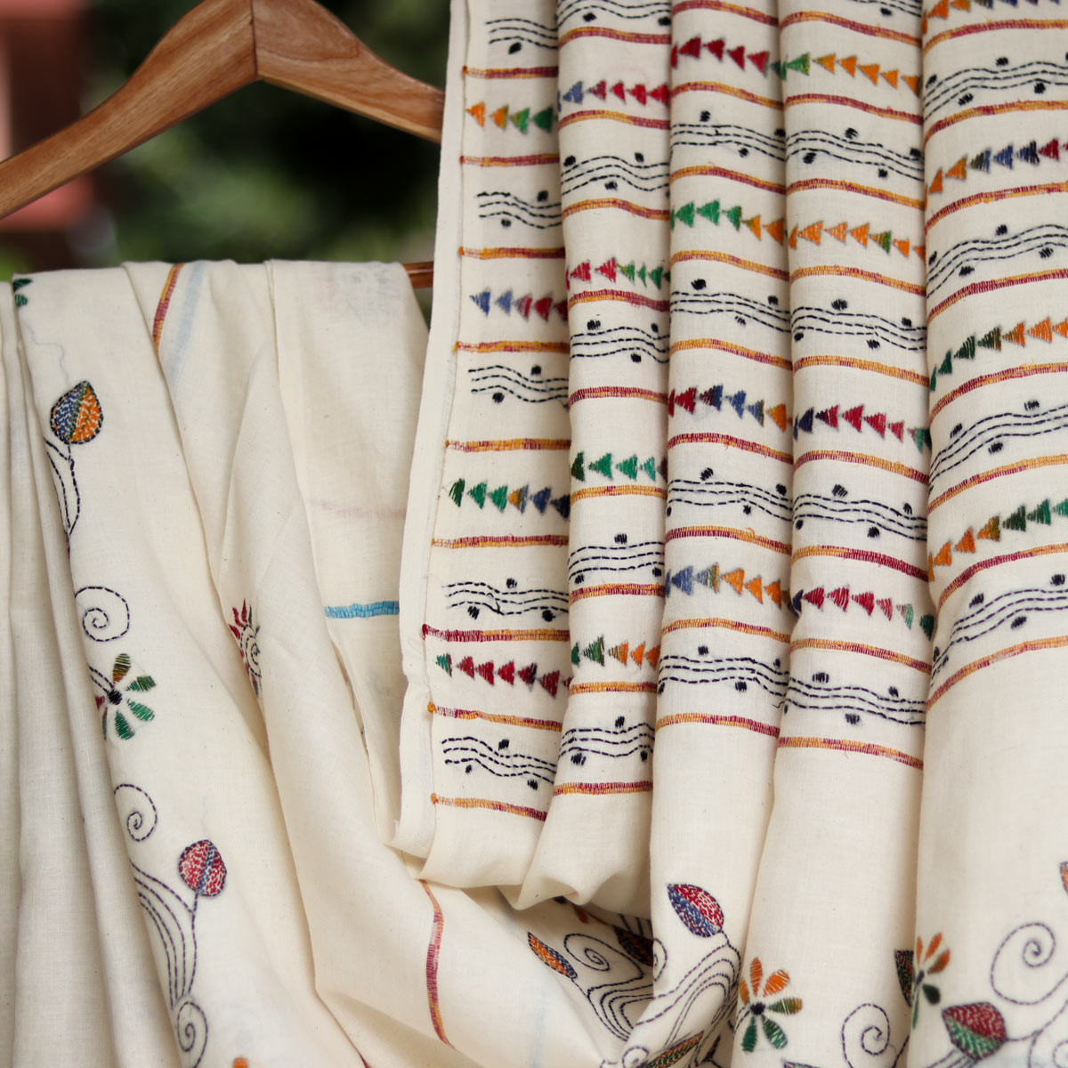 Cotton Kantha-stitch Saree- White