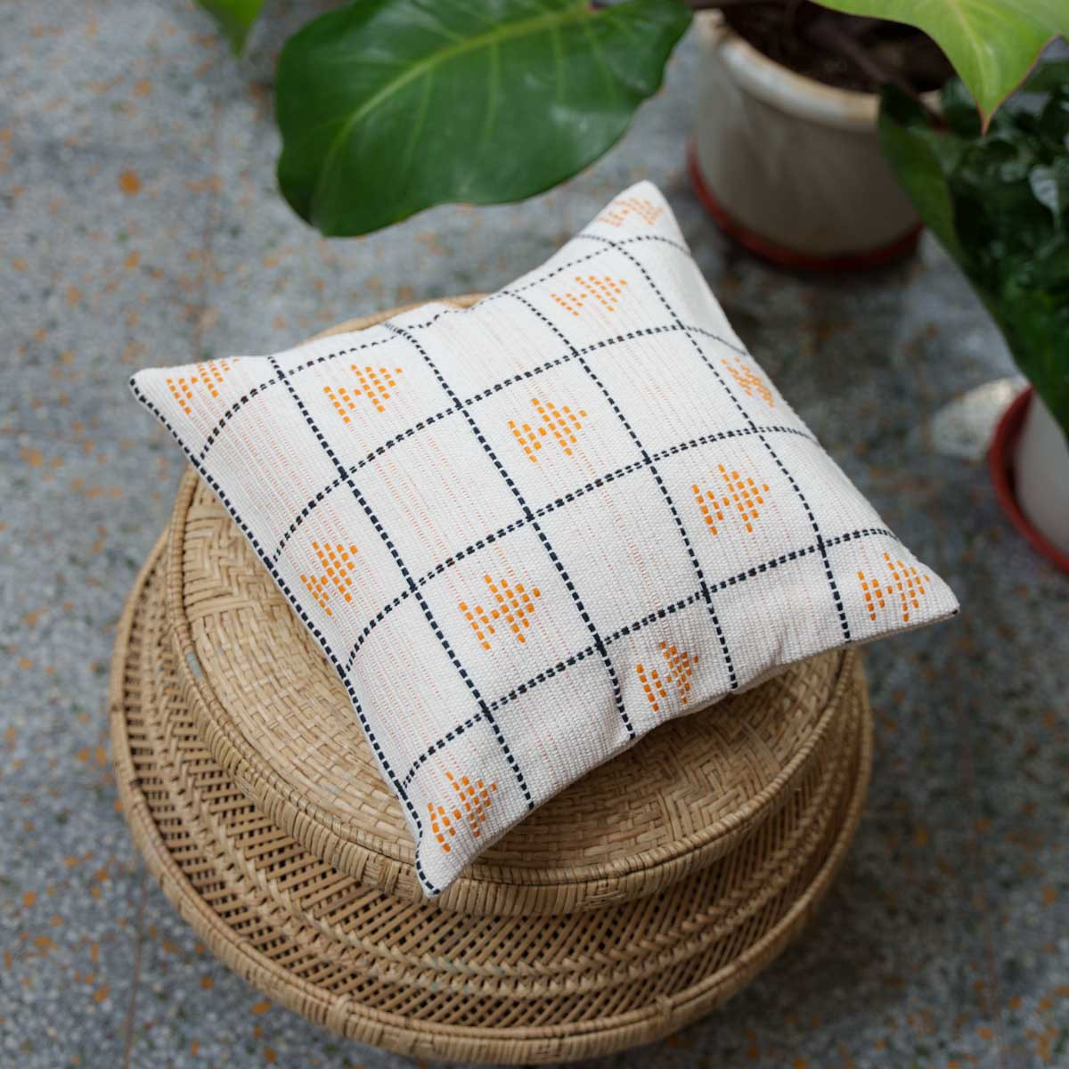 Handwoven Dhokra Cushion Cover (Beige)- 12"
