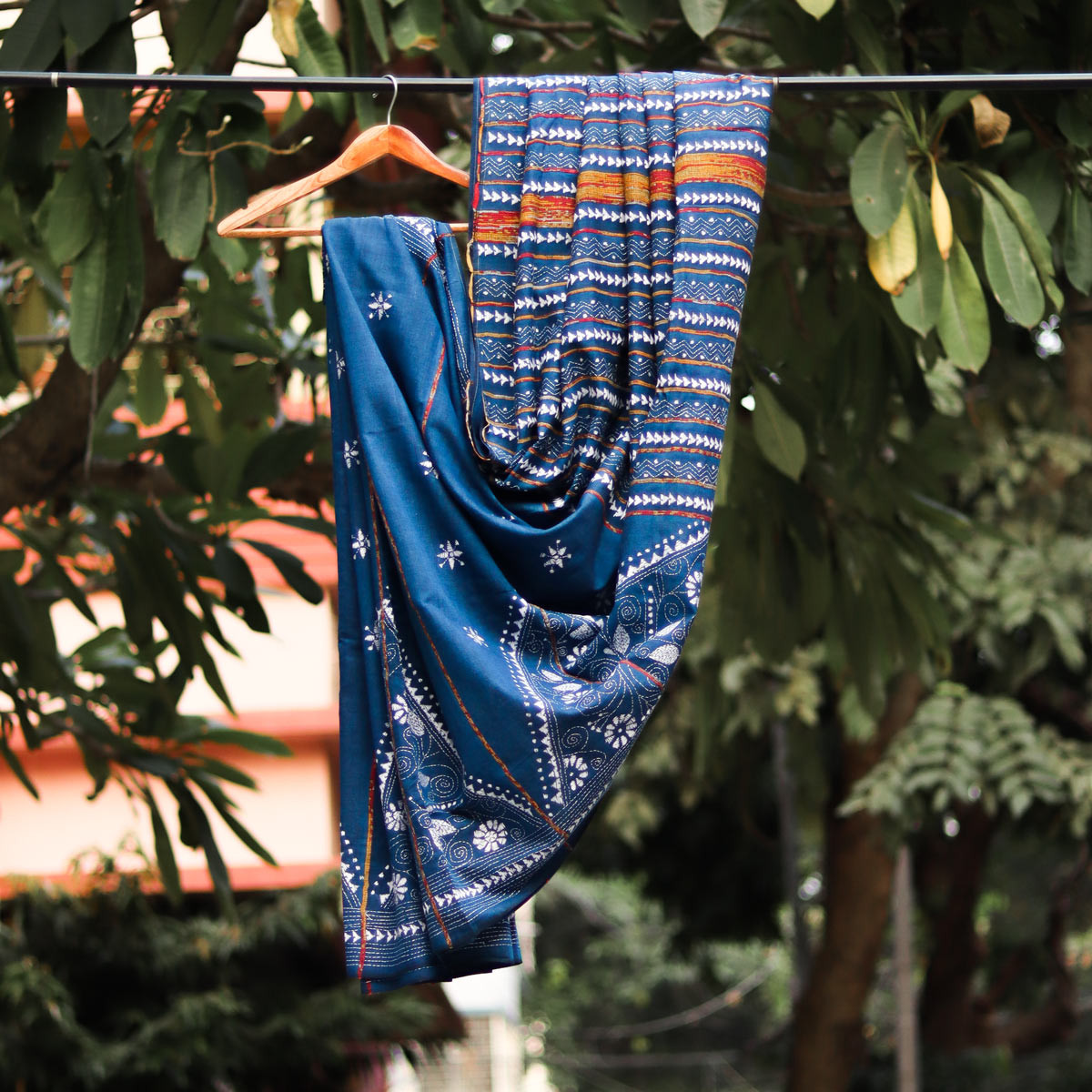 Cotton Kantha-stitch Saree- Navy