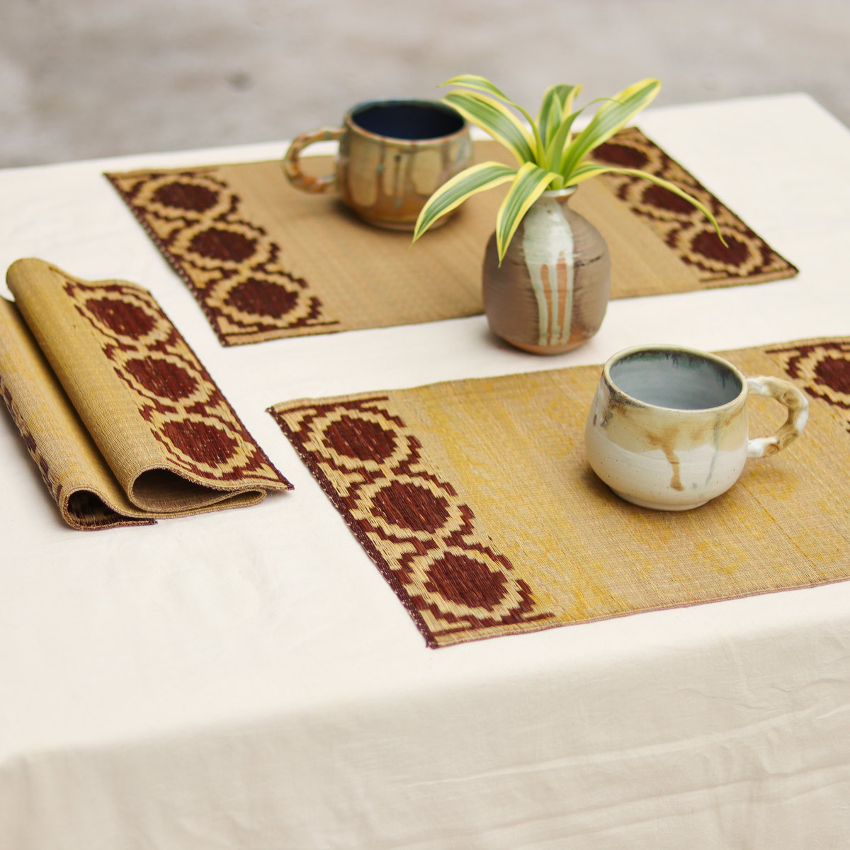 Handwoven Madur Mats Beige- Set of 4