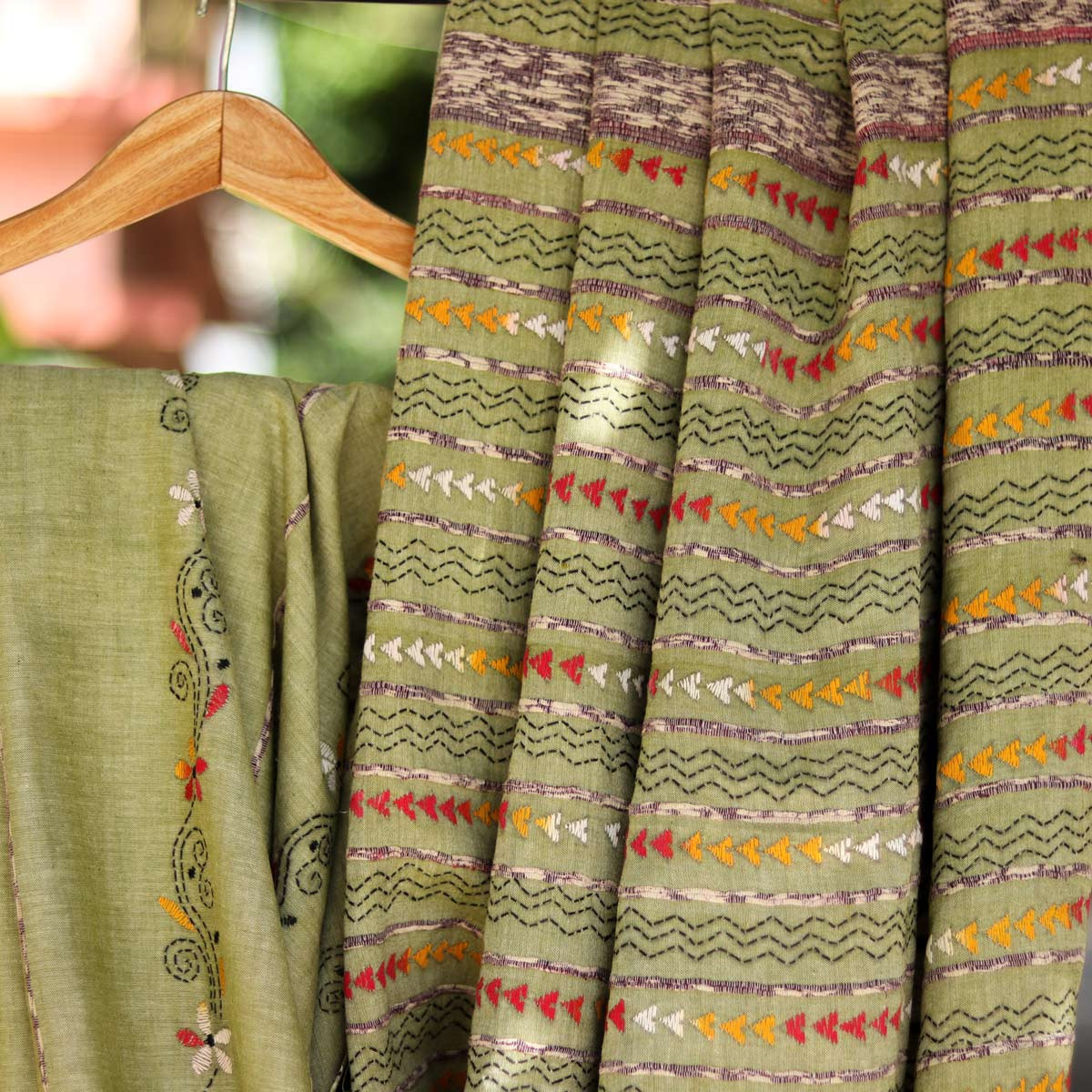 Olive Kantha-stitch Saree