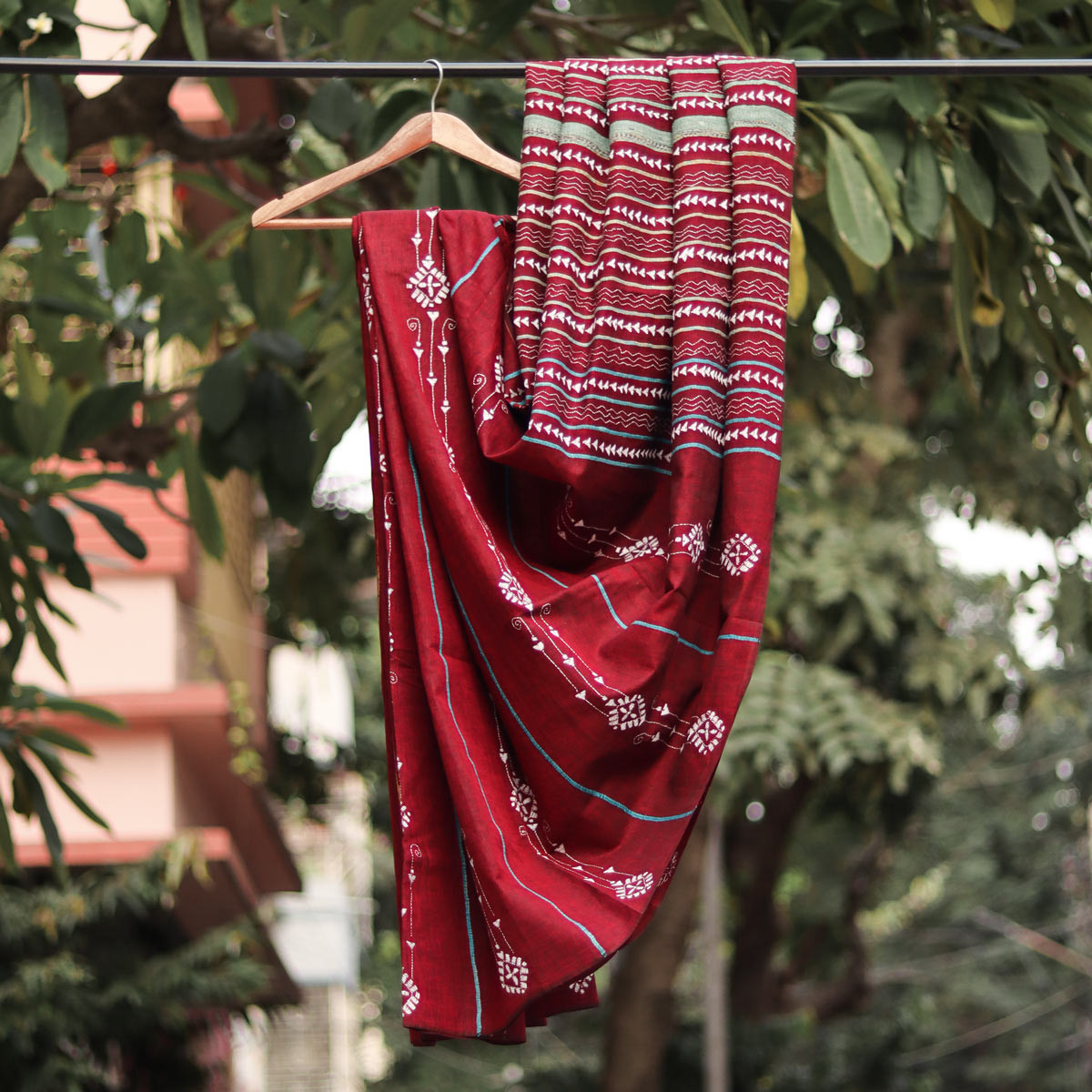 Maroon Kantha-stitch Cotton Saree